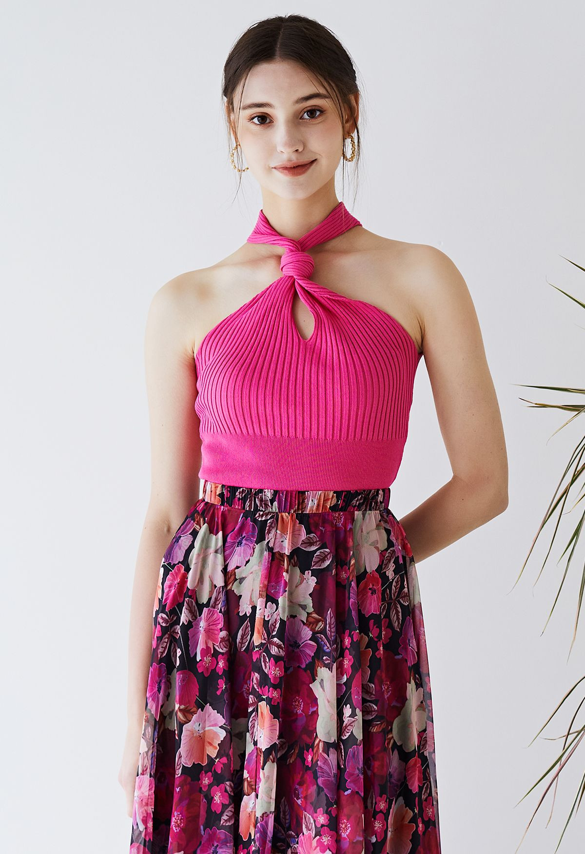 Knot Halter Neck Knit Crop Top in Hot Pink | Chicwish