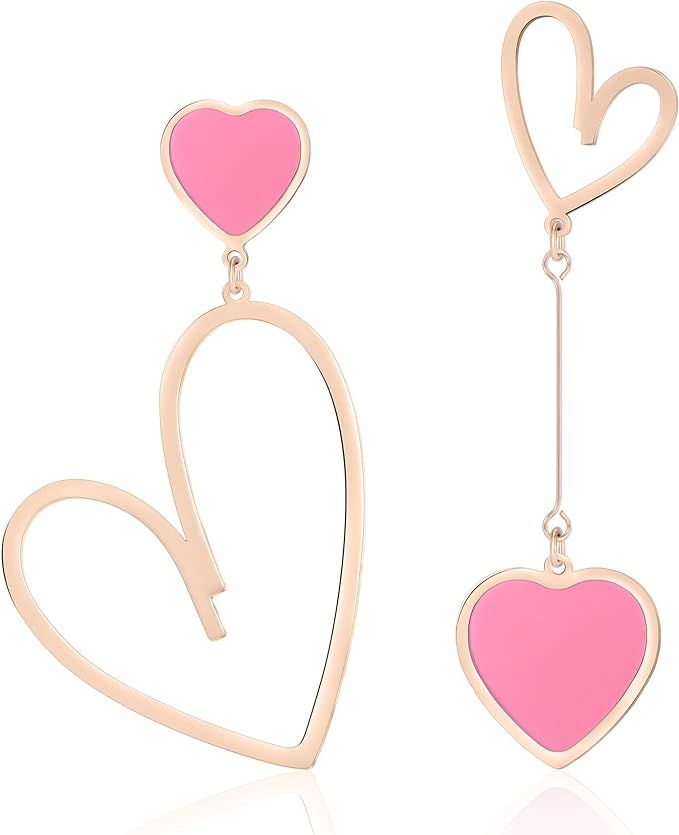 Linawe Asymmetrical Mismatched Heart Stud Earrings for Women Dangling Love Drop Dangle Gold & Ros... | Amazon (US)
