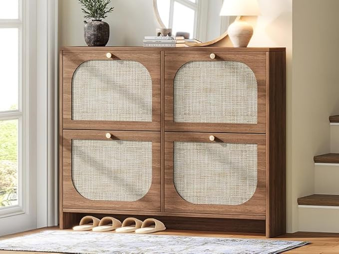 Nicetree Freestanding Ultra Slim Arched Rattan Accent Shoe Storage Cabinet for Entryway - 4 Flip ... | Amazon (US)