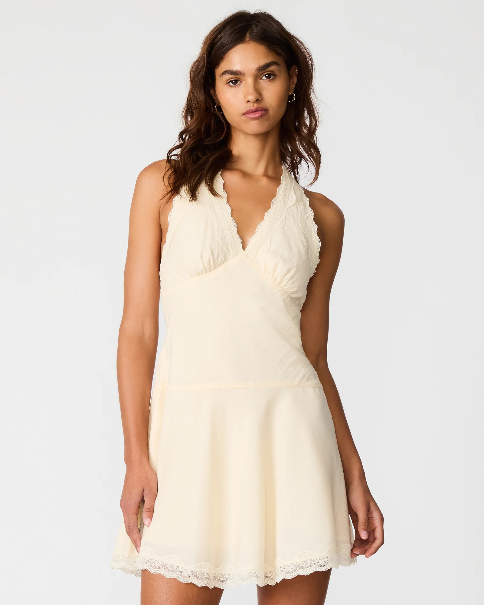 LIZA Birch White Halter Textured Lace Trim Women's Mini Dress | Steve Madden (US)
