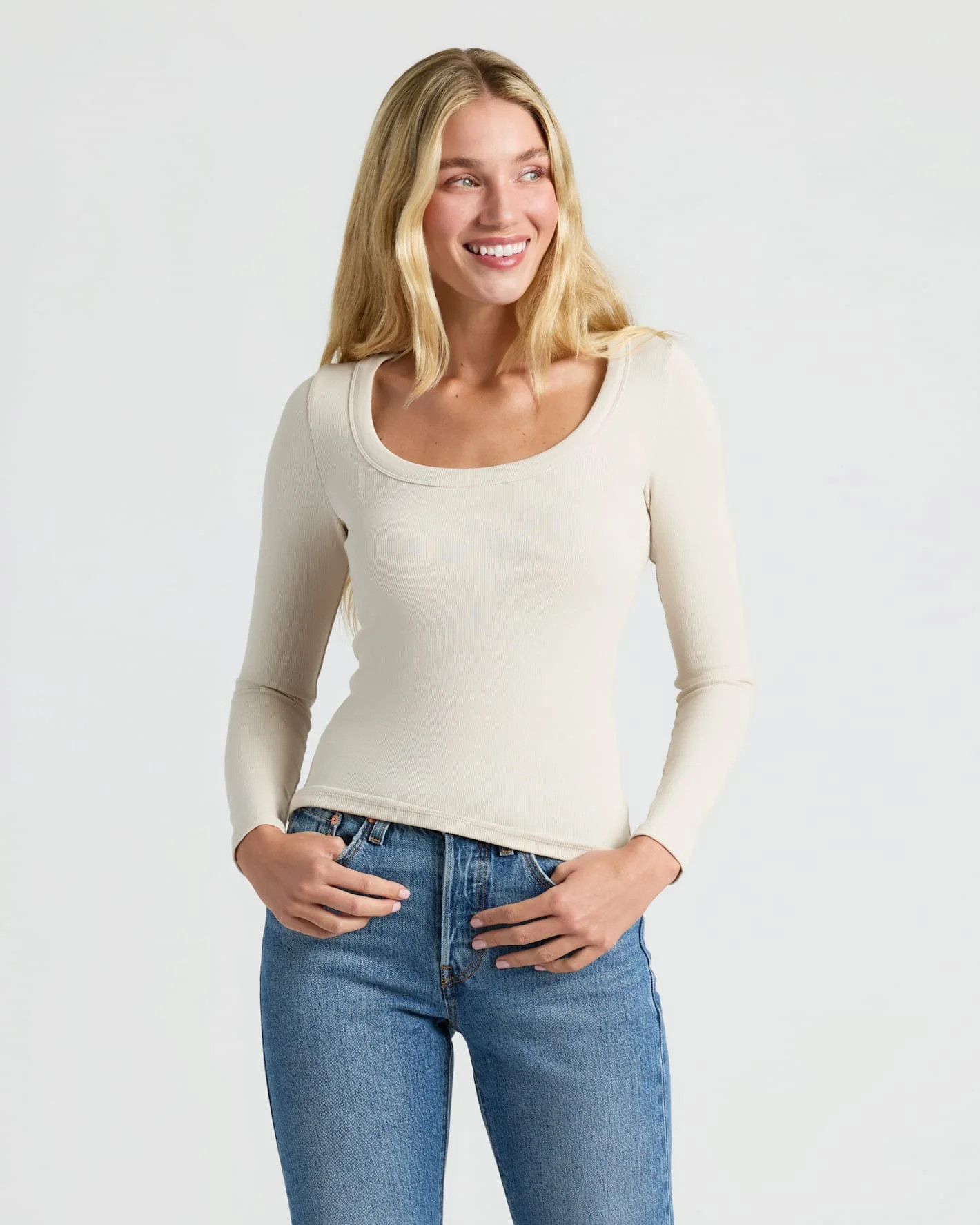 Womens Oatmeal Ribbed Long Sleeve Scoop Neck Tee | True Classic