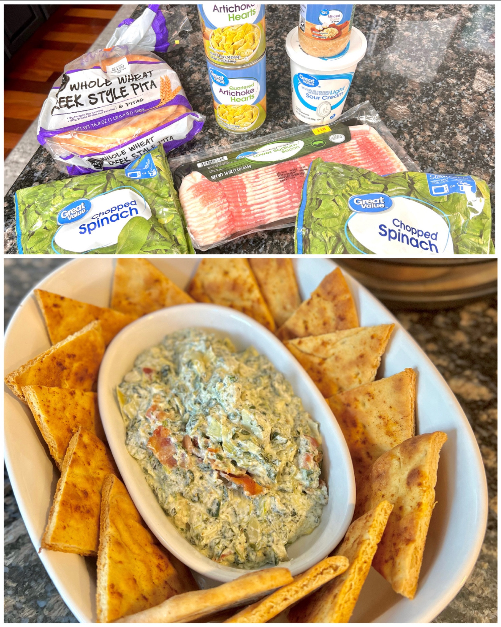 This spinach and artichoke dip with pita chips is a delicious snack for the whole family! I made this using low-price, quality private brands from Walmart and it was *chef’s kiss*
#ad
#Walmart

✨SPINACH ARTICHOKE DIP WITH PAPRIKA PITA CHIPS✨
Ingredients: (double the recipe if you’re feeding a big crowd) 
• (1) 10oz frozen chopped spinach (thawed and well drained)
• 6 pieces of bacon 🥓 (crumbled once cooked)
• 2 tsp of minced garlic 
• (1) 14oz can of artichoke hearts
• 16oz container of light dairy sour cream 
• 1/2 cup light mayonnaise 
• 1/2 tsp black pepper 
• 1 Bag of pita bread 
• Paprika (or smoked paprika) 
Directions:
•Preheat oven at 350° - cut pita bread into triangles and set on foil lined baking tray - spray with pam spray and season with paprika. Cook for 15 minutes or until lightly browned. 
•Cook bacon (I used 6 slices) and set aside to cool (reserve 1 tbsp of bacon grease) add garlic and sauté until browned, add spinach, artichokes to pan until warm. Then add sour cream, Mayo, and pepper until warm throughout. Crumble bacon into small pieces and fold into spinach mix. 
•Serve with baked pita chips and enjoy!!

#LTKhome #LTKSeasonal