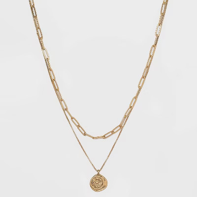 18" Metal Wax Stamp Charm Layered Pendant Necklace - Universal Thread™ Gold | Target