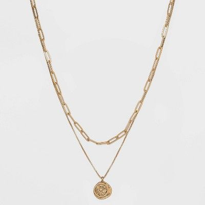 18" Metal Wax Stamp Charm Layered Pendant Necklace - Universal Thread™ Gold | Target