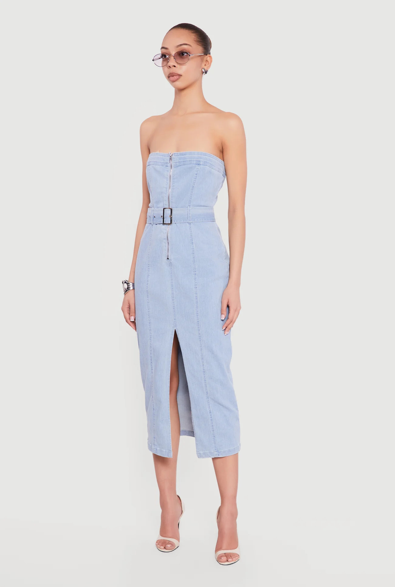 Zip Front Strapless Denim Dress with Belt | Rainbow Shops