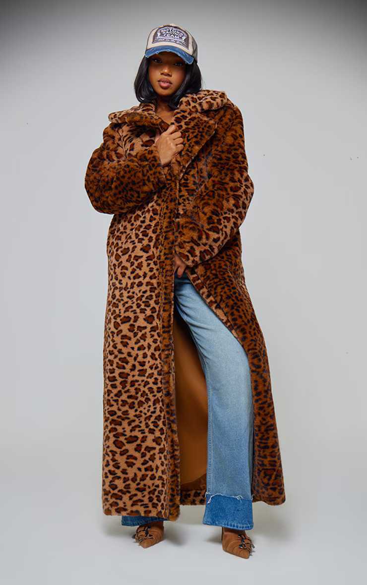Brown Leopard Faux Fur Maxi Coat | PrettyLittleThing UK
