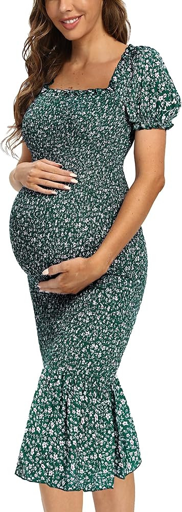 Maternity Summer Floral Midi Bodycon Dresses, Puff Sleeve Square Neck Ruffle Hem Mermaid Baby Sho... | Amazon (US)