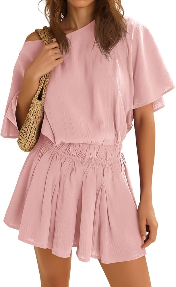 Yousify Off the Shoulder Dress Batwing Sleeve Cinched Waist Mini Dress | Amazon (US)