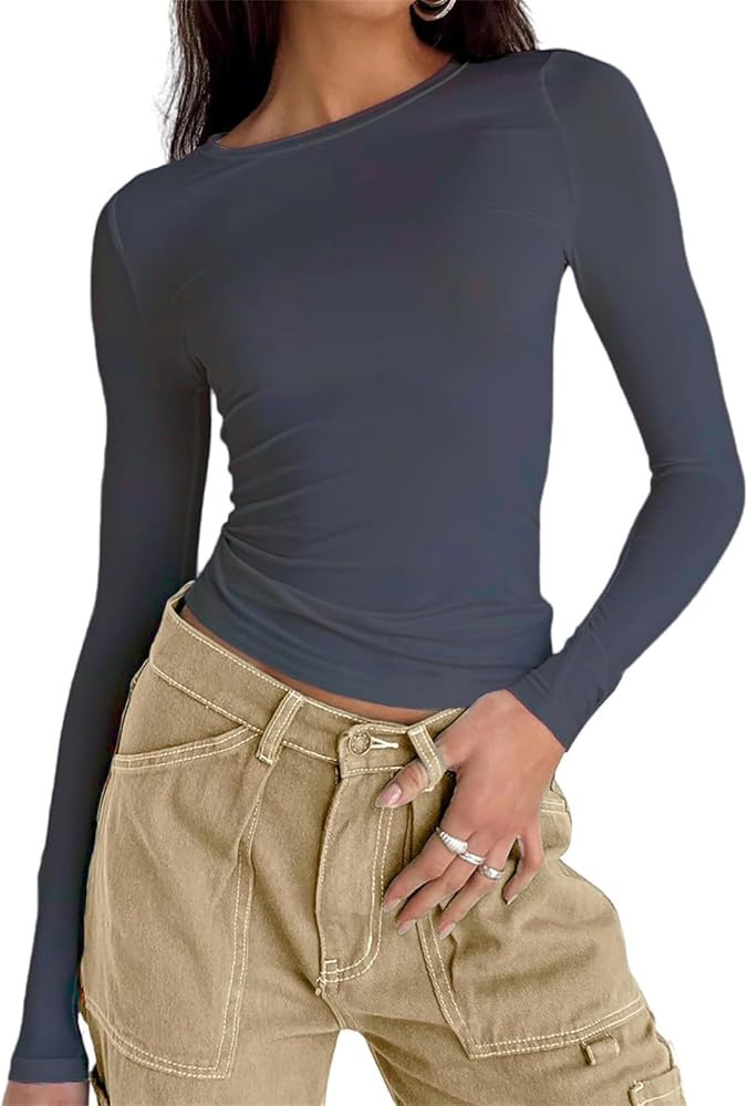 TiulZial Women Long Sleeve Shirt Fall Going Out Tops Fashion Crop Tops Basic Layering Workout Sli... | Amazon (US)