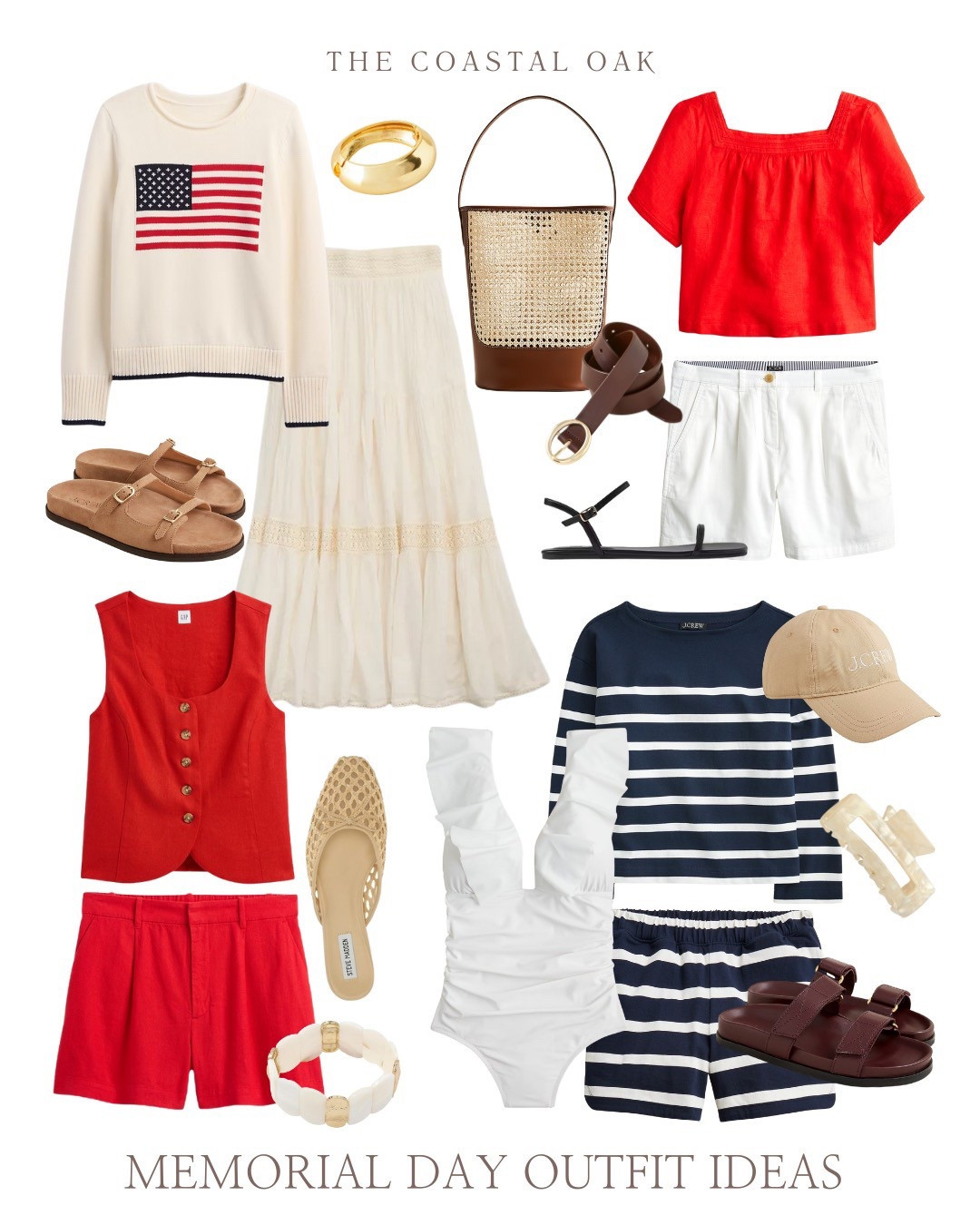 Memorial Day fashion finds for less! Gap Factory, Jcrew Factory, JCrew, Aerie! Crochet maxi skirt, American flag sweater, white one piece, red matching short set, summer sandals, raffia bag 

#LTKFindsUnder50 #LTKSeasonal #LTKStyleTip