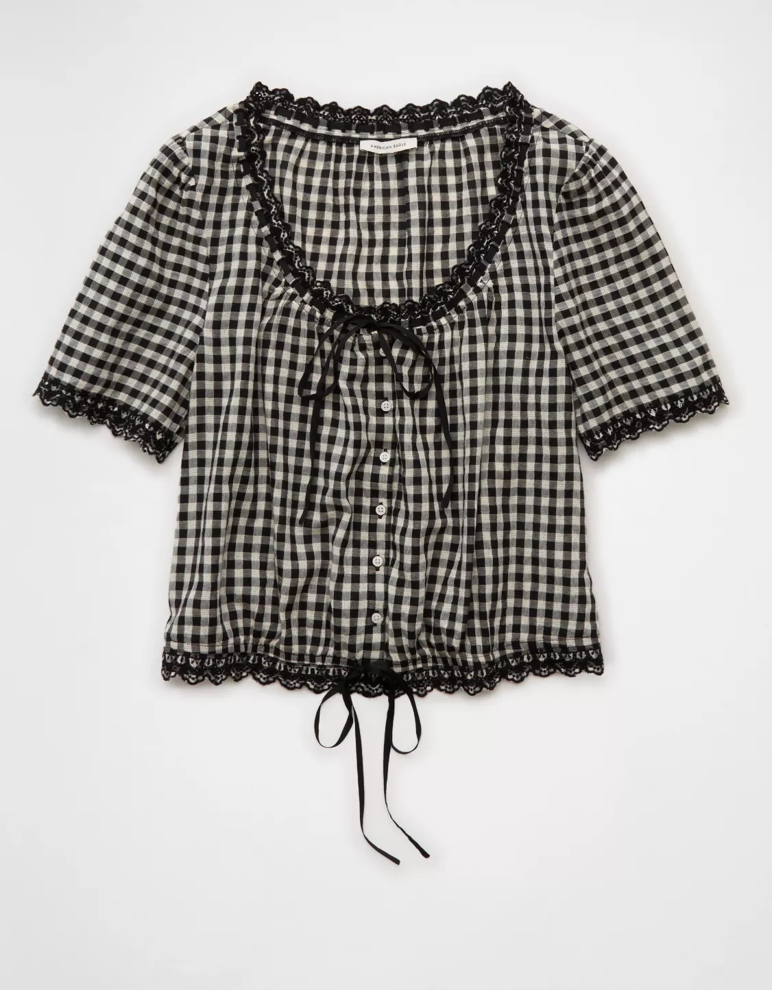 AE Short-Sleeve Gingham Button-Up Blouse | American Eagle Outfitters (US & CA)