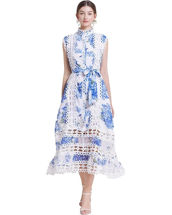 LAI MENG FIVE CATS Women's Sleeveless Hollow Out Lace Button Up Casual Midi Party Dress with Belt | Amazon (US)