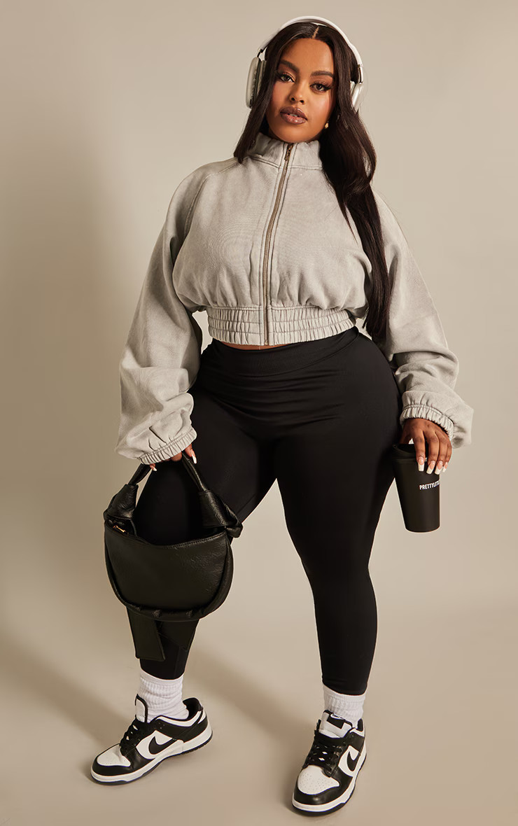 Plus Grey Washed Zip Through Crop Sweatshirt | PrettyLittleThing US