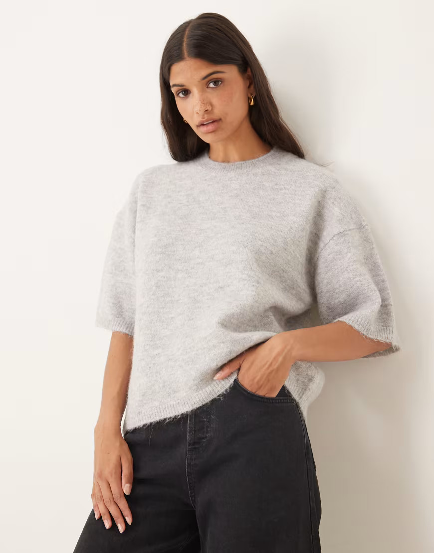 Gina Tricot relaxed fit knitted wool alpaca short sleeve top in light grey melange | ASOS (Global)