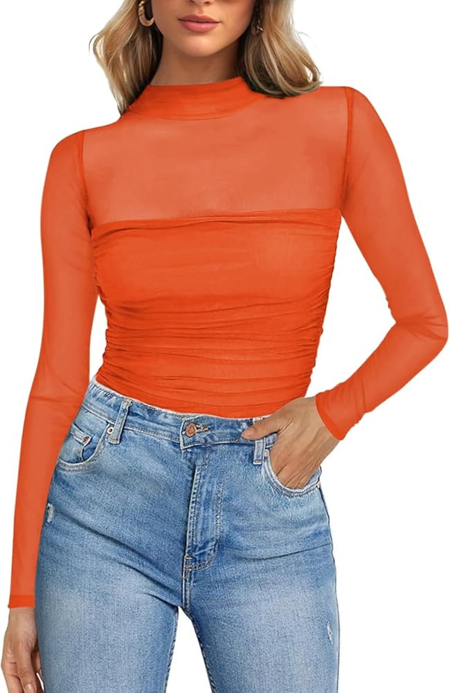 Poetsky Womens Sexy Mock Turtle Neck Mesh Long Sleeve Tops Ruched Going Out Shirt Blouse | Amazon (US)