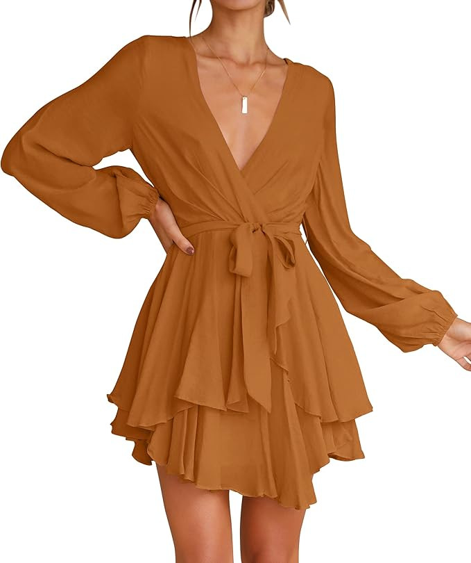 ZESICA Women's Wrap V Neck Dress Long Sleeve 2023 Tie Waist Ruffle Hem Cocktail Wedding Party Swi... | Amazon (US)
