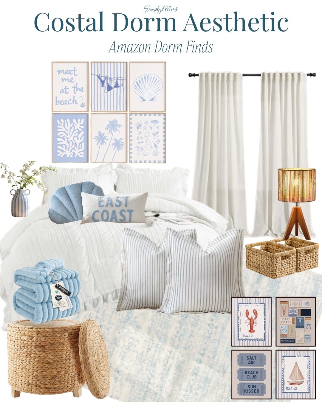 Coastal dorm room decor and Amazon dorm finds. Blue and white dorm bedding, coastal wall art, striped pillows, storage baskets, blackout curtains, area rug, dorm lighting, and beach-inspired college room decor.

#LTKU #LTKHome #LTKSeasonal