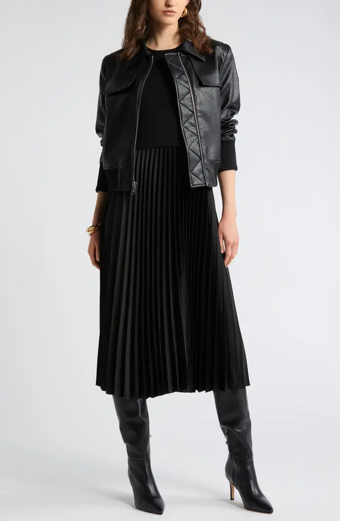 Pleated Mixed Media Midi Dress | Nordstrom