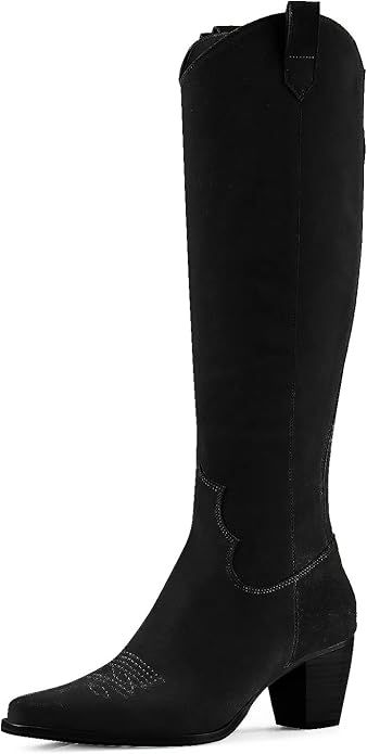 Women Cowboy Knee High Boots Chunky Block Heel Square Toe Tall Riding Boots | Amazon (US)