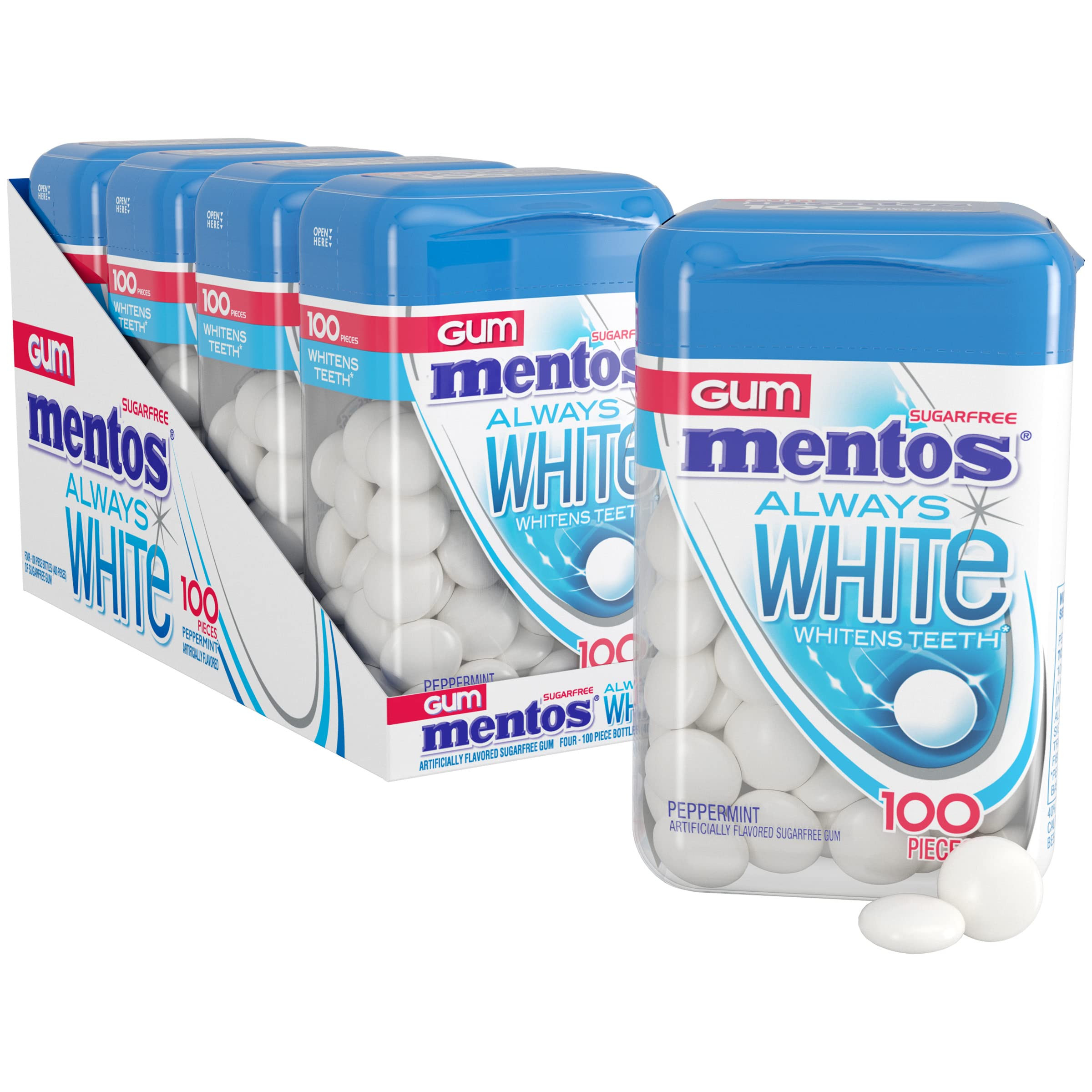 Mentos Always White Peppermint Sugar Free Gum with Xylitol Sweetener, 100 Count Bottle, 4 Bottles | Amazon (US)