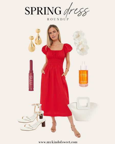 Spring dress roundup // everyone should have a go-to red dress and this one is so cute with puffy sleeves. Add a floral hair piece and gold drop earrings. 

#LTKstyletip #LTKSeasonal #LTKitbag