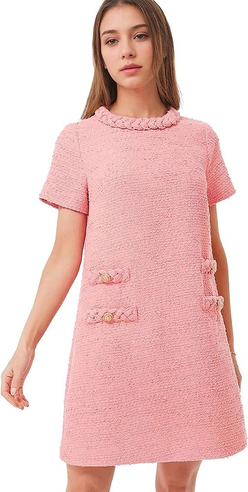Hixiaohe Womens Elegant Tweed Dress Short Sleeve Crew Neck A-line Bodycon Mini Skirt Party Busine... | Amazon (US)