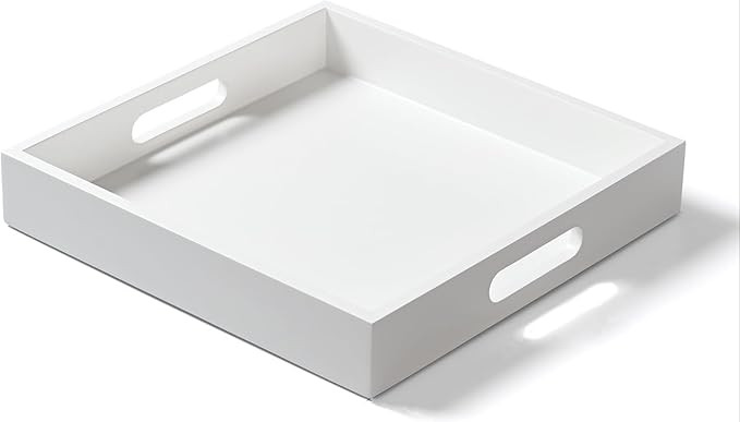 White Wooden Serving Tray with Handles, 12"x12"x2"H Square Countertop Organizer Tray， Decorativ... | Amazon (US)