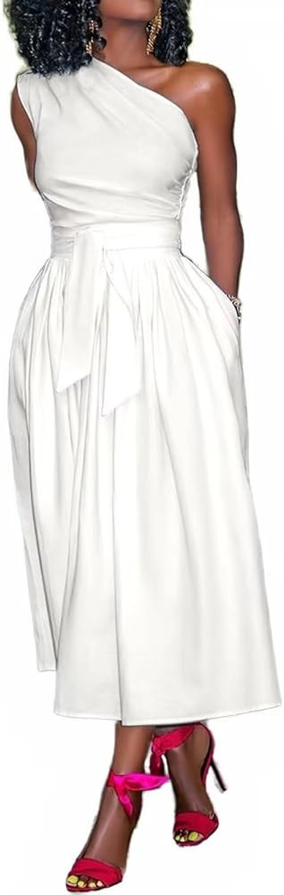 Flamingals Women's One Shoulder Dress Sleeveless Knot Waist Flare Long Maxi Dress for Summer | Amazon (US)