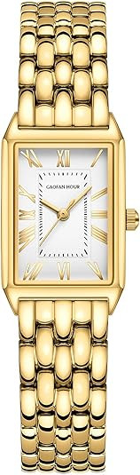 Gold Watches for Women with Vintage Rectangular Case,White Roman Dial,Stainless Steel Band,Adjust... | Amazon (US)