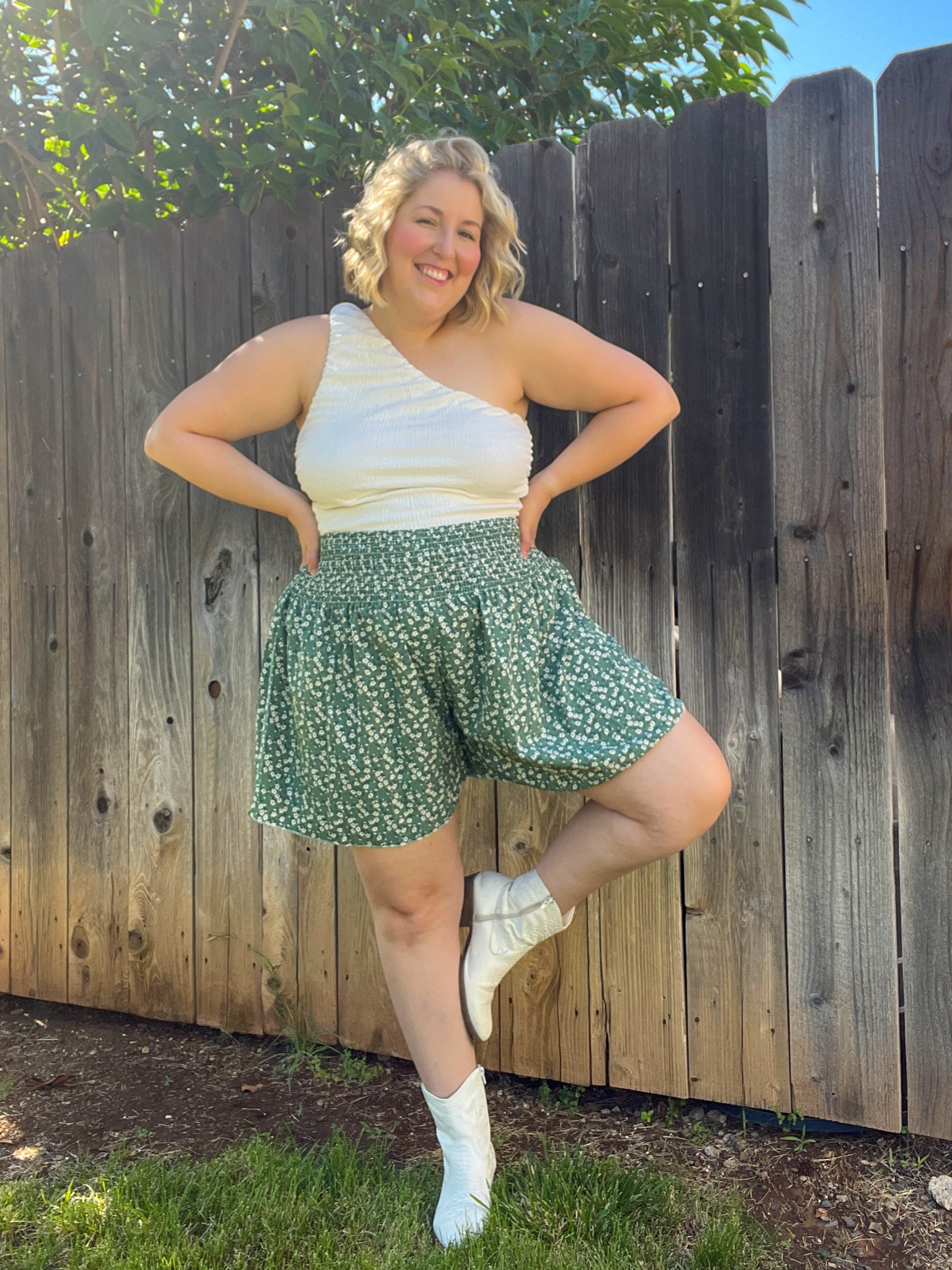 Summer outfit inspo on a size 16/18! Loveee these comfy and lightweight shorts! Wearing XXL in both the top and shorts! And my nippies of course for one-shoulder support! 

#LTKStyleTip #LTKSeasonal #LTKPlusSize