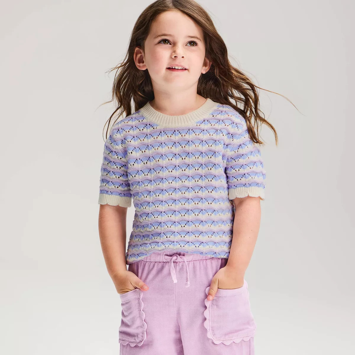 Toddler Girls' Short Sleeve Striped Crewneck Sweater - Cat & Jack\u2122 Purple/Blue 3T | Target