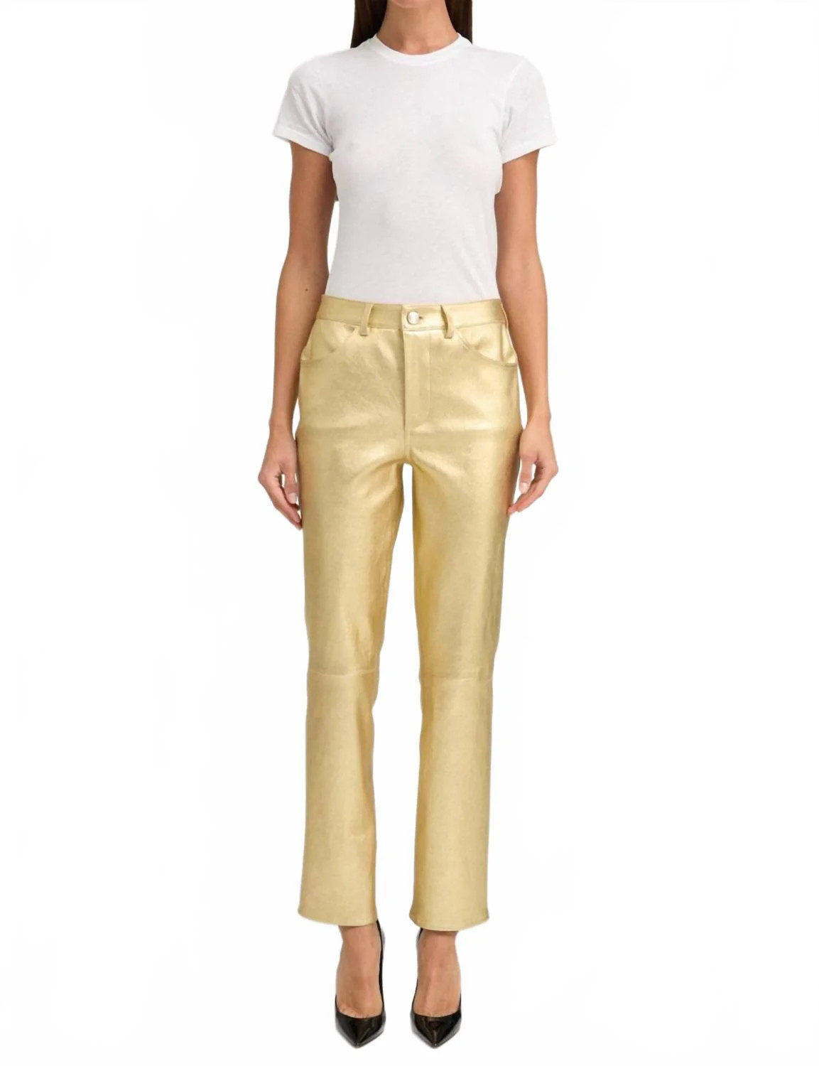 Women's Leather Slim Straight Pants In Gold | Shop Simon