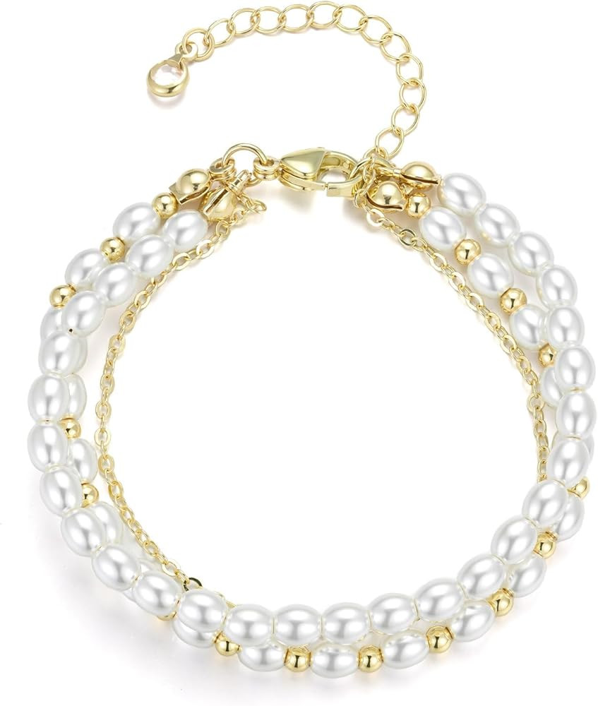 Pearl Bracelets for Women, 14k Gold Plated Dainty Beaded Bracelets Stack Link Chain Charm Bracele... | Amazon (US)