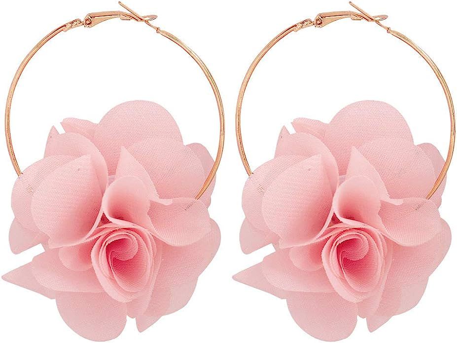 Bohemian Lightweight Big Fabric Flowers Dangle Earrings Handmade Charm Chic Petal Hoop Earrings C... | Amazon (US)
