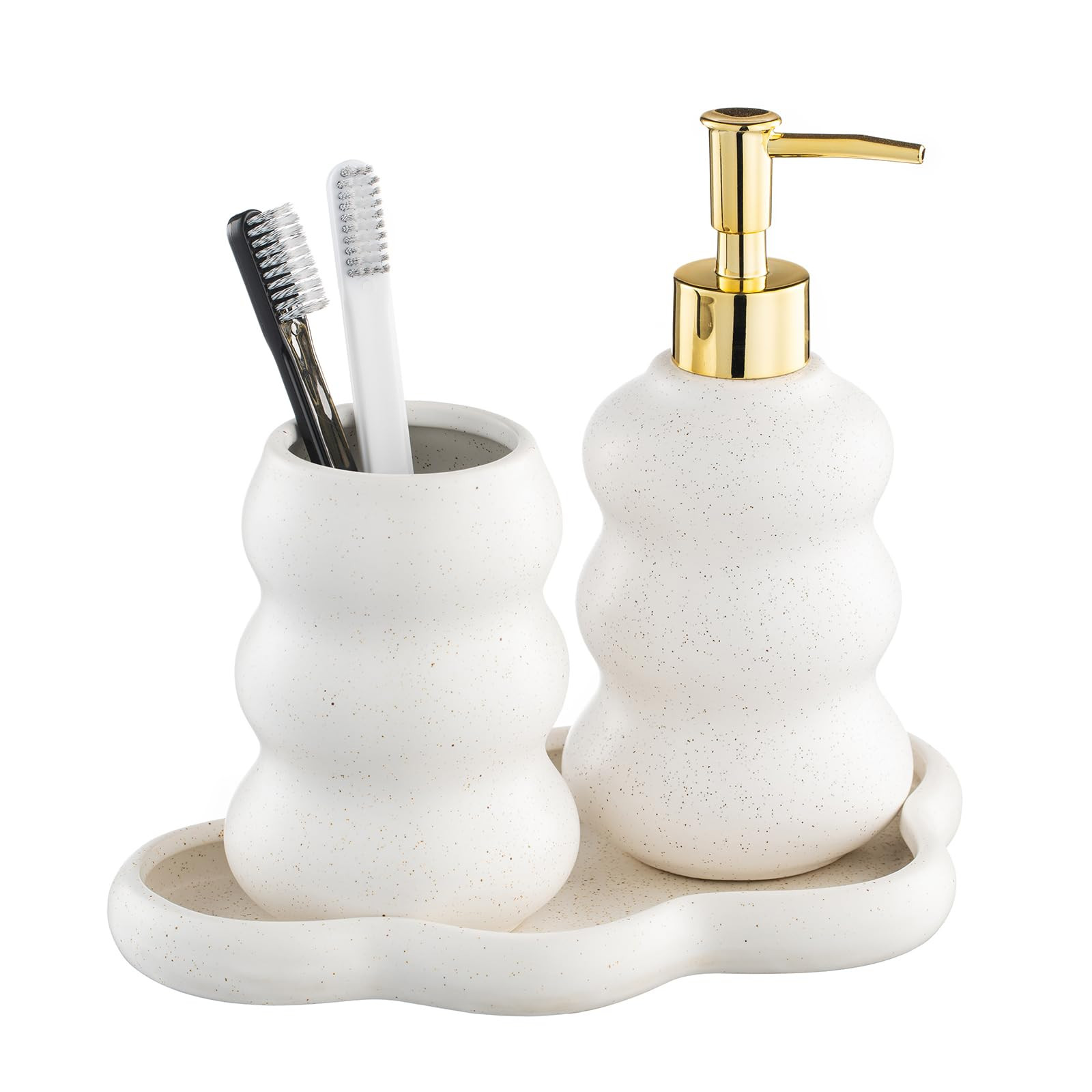 3-Piece Ceramic Bathroom Accessories Set with Sand Point Glaze Design - Tray, Lotion Dispenser, a... | Amazon (US)