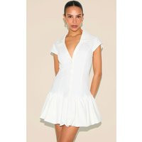 Petite White V-neck Fitted Pleated Mini Dress | PrettyLittleThing US