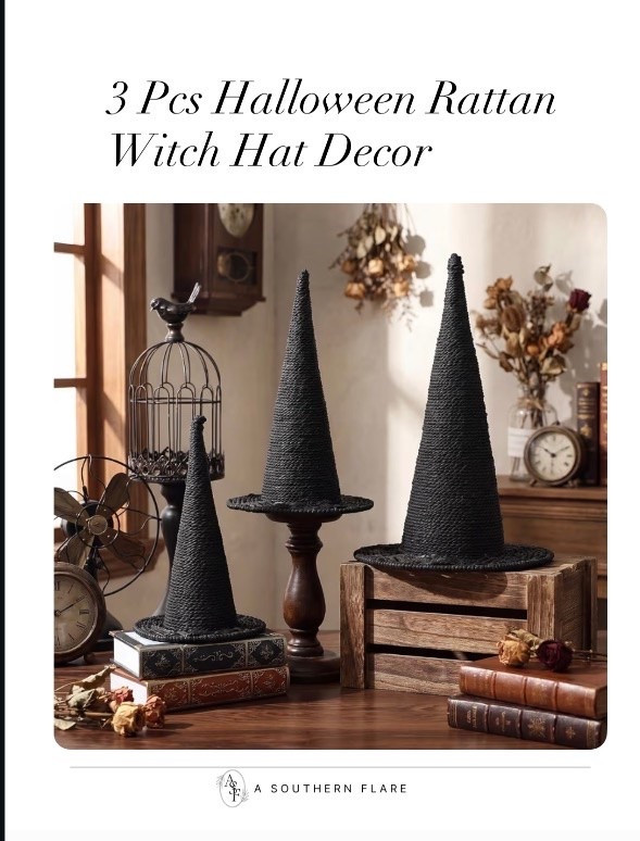 Looking to add a touch of Halloween to your home? Check out these cute witch hats. Perfect for your mantel or entryway. #HalloweenDecor #WitchHats