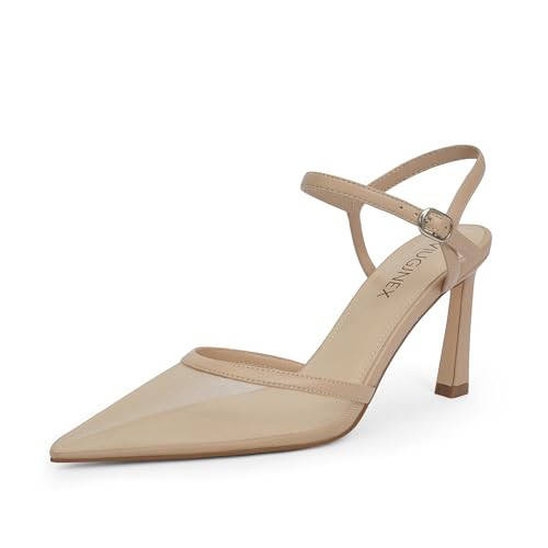 VIUGJNEX Closed Toe Nude Mesh Heels for Women Pointed Toe Ankle Strap Slingback Kitten Heel Pumps Dressy Comfortable Wedding Party Prom Shoes Size 9 | Amazon (US)