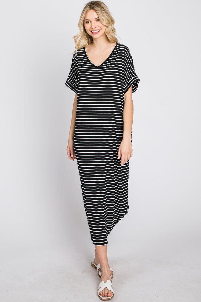 Black Striped Ribbed Curved Hem Midi Dress | PinkBlush Maternity