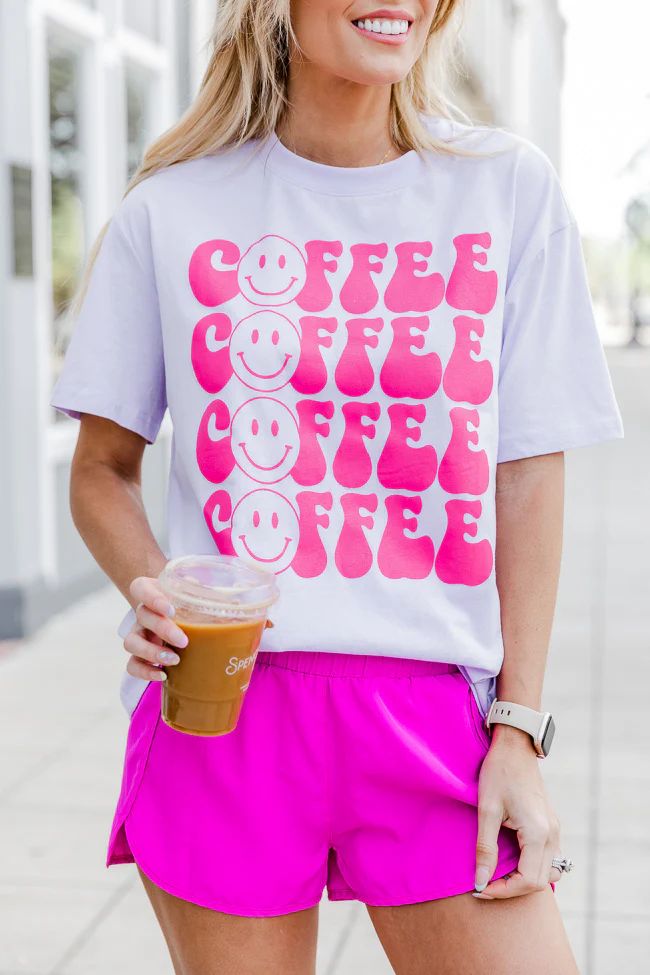 Coffee Repeat Smiley Lilac Oversized Graphic Tee | Pink Lily