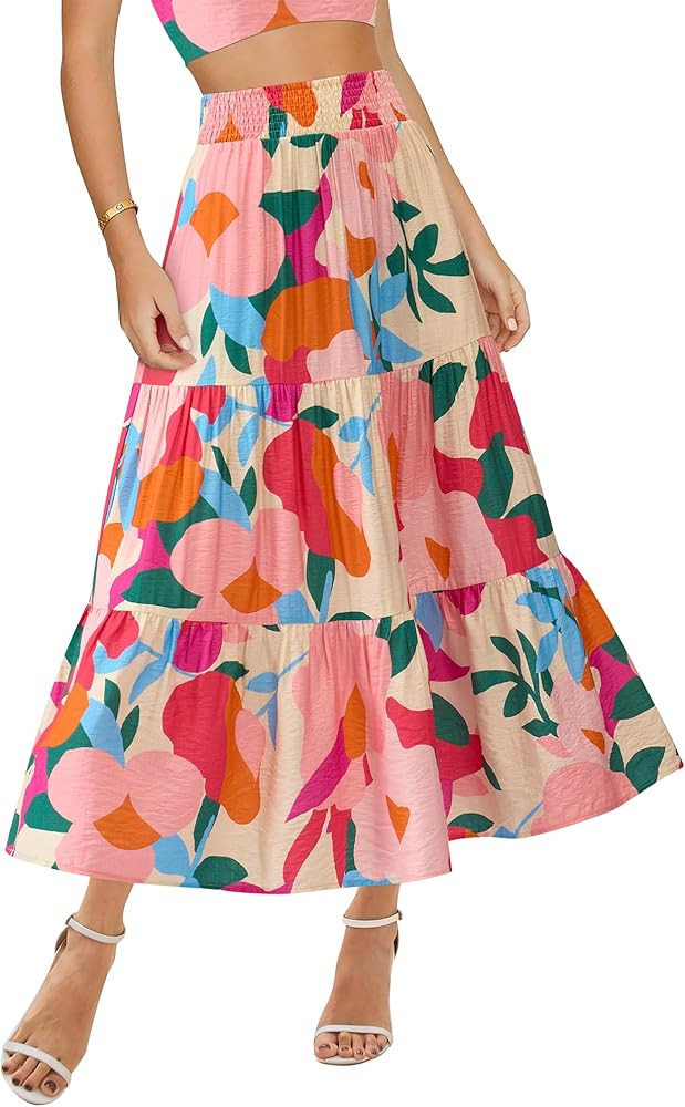 BTFBM Women's Floral Print Midi Maxi Skirts 2025 Summer Casual Aline Elastic High Waist Pleated F... | Amazon (US)