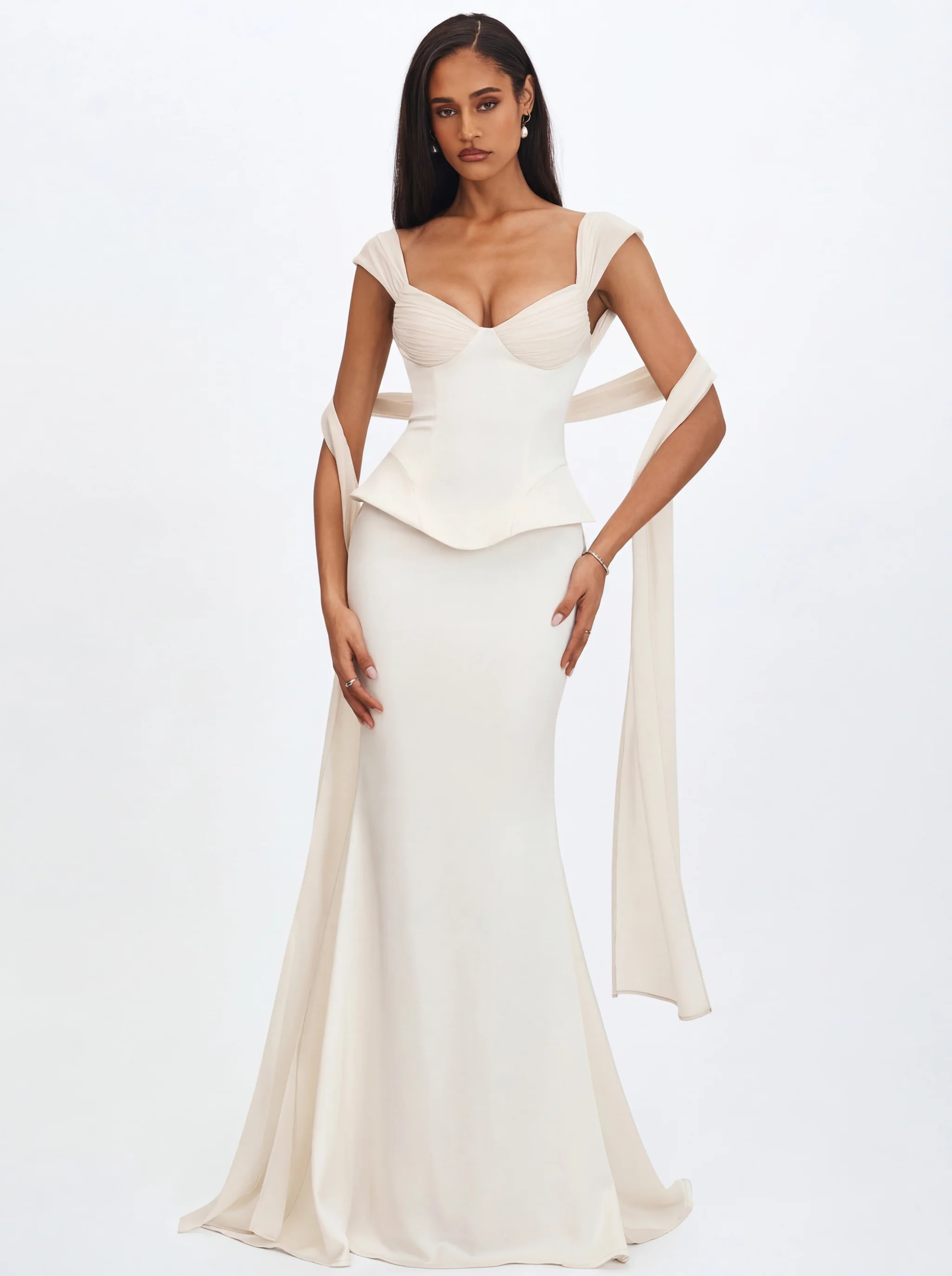 Jessalyn Ivory Sweetheart Peplum Mermaid Wedding Dress with Chiffon Scarf | Miss Circle