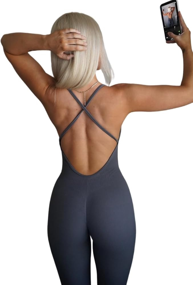 AUROLA Women Jumpsuits for Workout Yoga Gym, Seamless Strappy One Piece Padded Bra Bodysuits | Amazon (US)