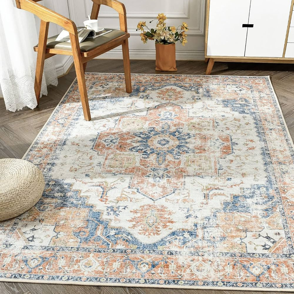 jinchan Area Rug 6x9 Washable Rug Vintage Rug Indoor Floor Distressed Carpet Orange Multi Thin Ru... | Amazon (US)