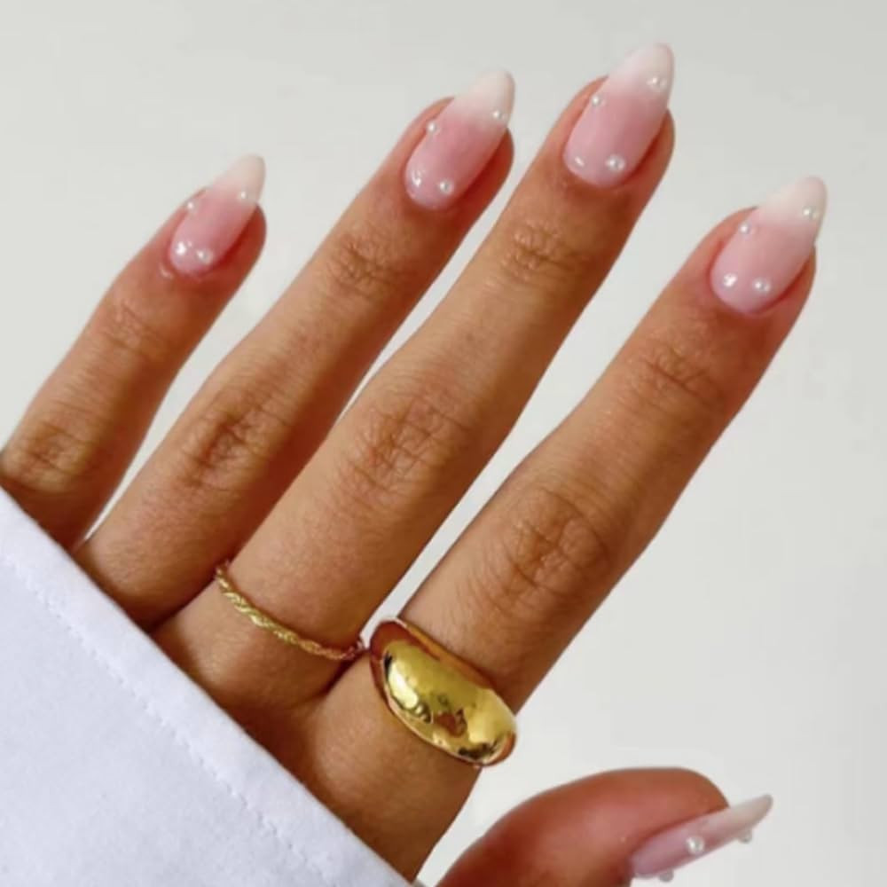 DANMANR Pink Medium Press on Pearl Nails Gradient False Almond Nails Full Cover Acrylic Fake Nail... | Amazon (US)