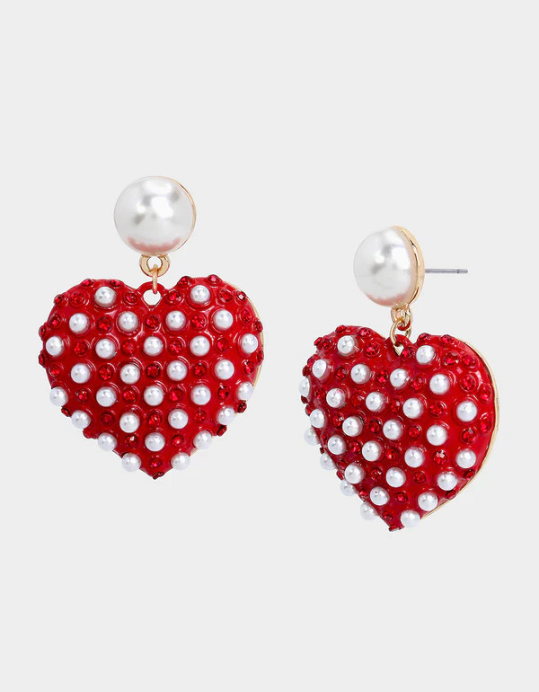 BETSEYS BEST PEARL DROP HEART EARRINGS RED | Betsey Johnson
