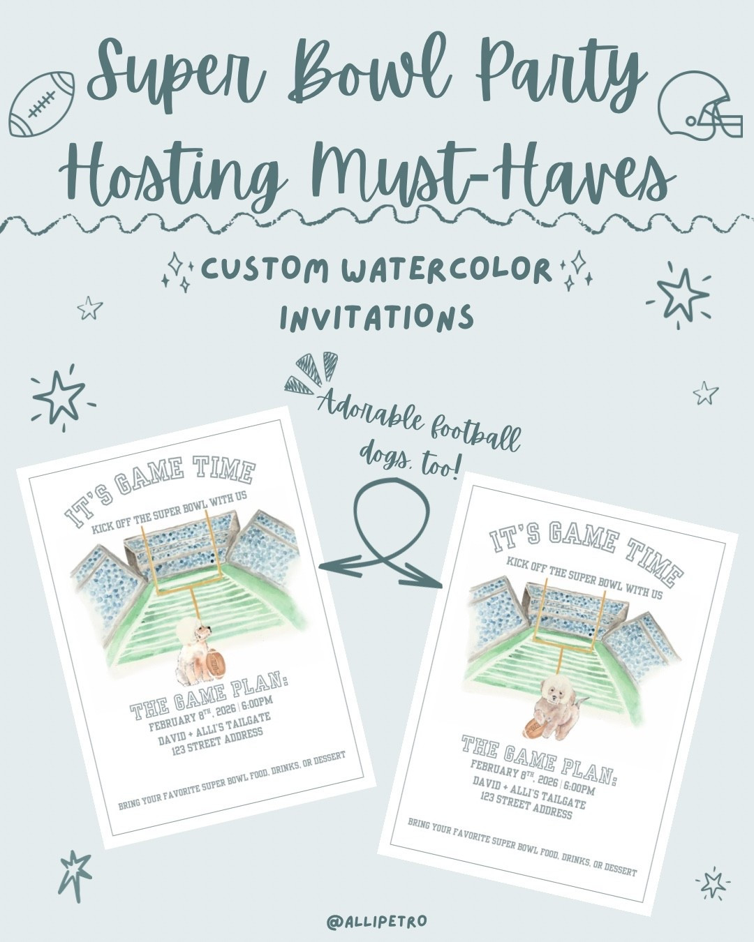 If you want to be the best host, you need custom invitations! So if you’re hosting a Super Bowl party, these unique watercolor invitations are for you! 🏈

Pick between a doodle and golden retriever in the watercolor picture - you can’t go wrong with either!


Canva invitation • Etsy find • custom • cavapoo • golden doodle • football invitations • sports invite • tailgate • watercolor • coastal • grandmillennial • preppy • girly • NFL • hostess must-haves • how to be a good host • party host • hosting tips • unique invitations • party etiquette • 