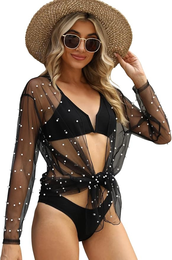 EDIMENS Bathing Suit Cover Ups for Women Long Sleeve Pearls Sheer Mesh Beach Cover Ups Swimwear S... | Amazon (US)