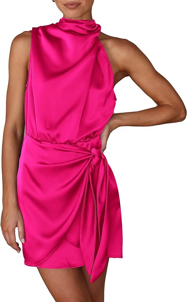 PRETTYGARDEN Women's Short Formal Satin Dress 2023 Summer Sleeveless Mock Neck Tie Waist Cocktail... | Amazon (US)