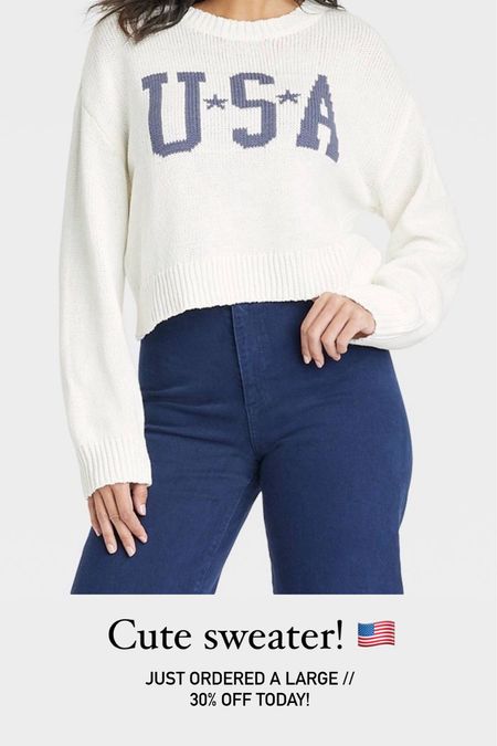 USA sweater! I sized up two sizes to a large for a better fit and not so cropped! 30% off today! Perfect for Fourth of July or Labor Day weekend! 🇺🇸💙🇺🇸

#LTKFindsUnder50 #LTKSaleAlert #LTKStyleTip